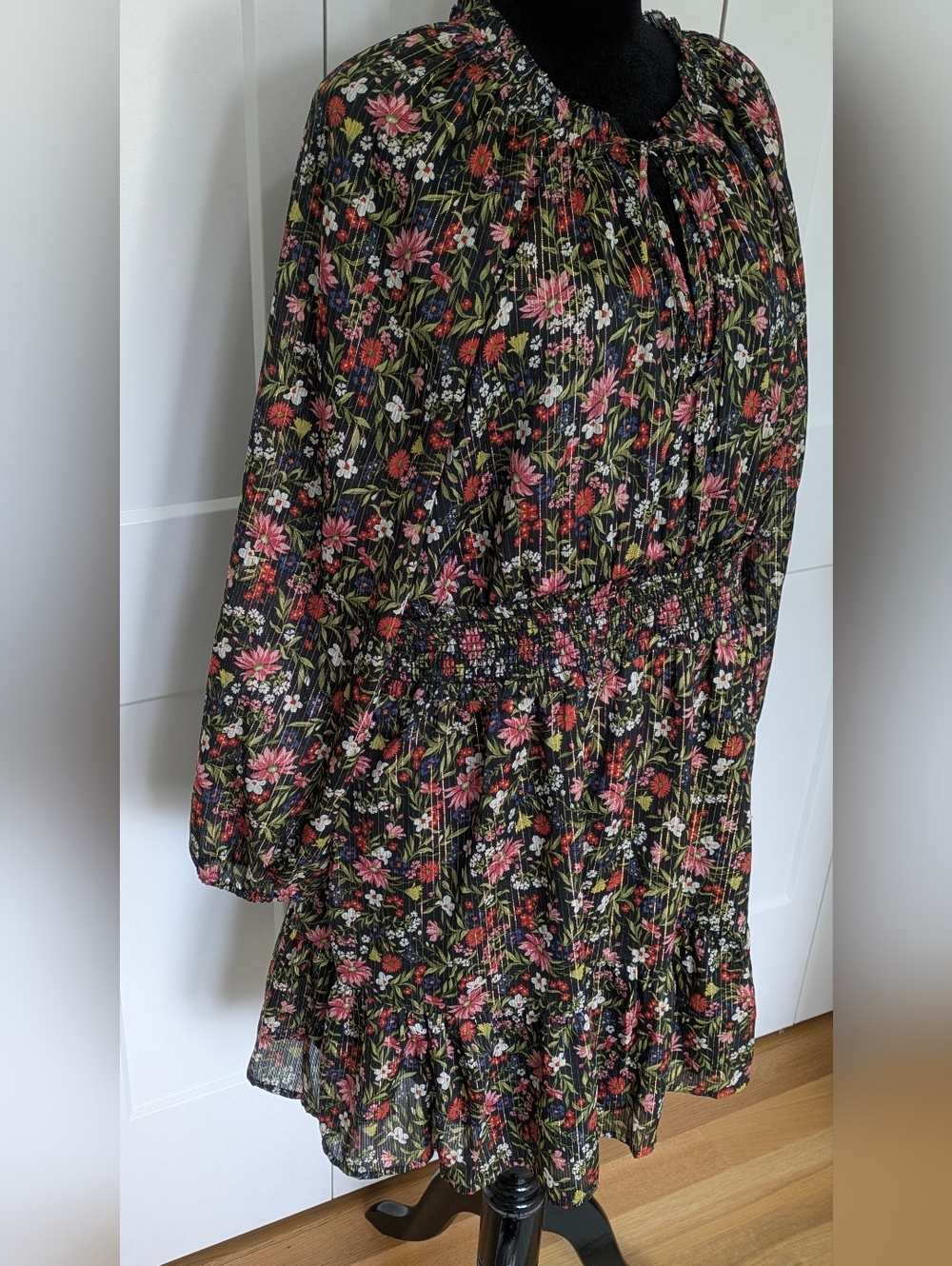 Old Navy Waist-Defined Floral Shine Boho Tie Neck Ruffled Mini Dress Sz XXL Euc - Picture 7 of 14